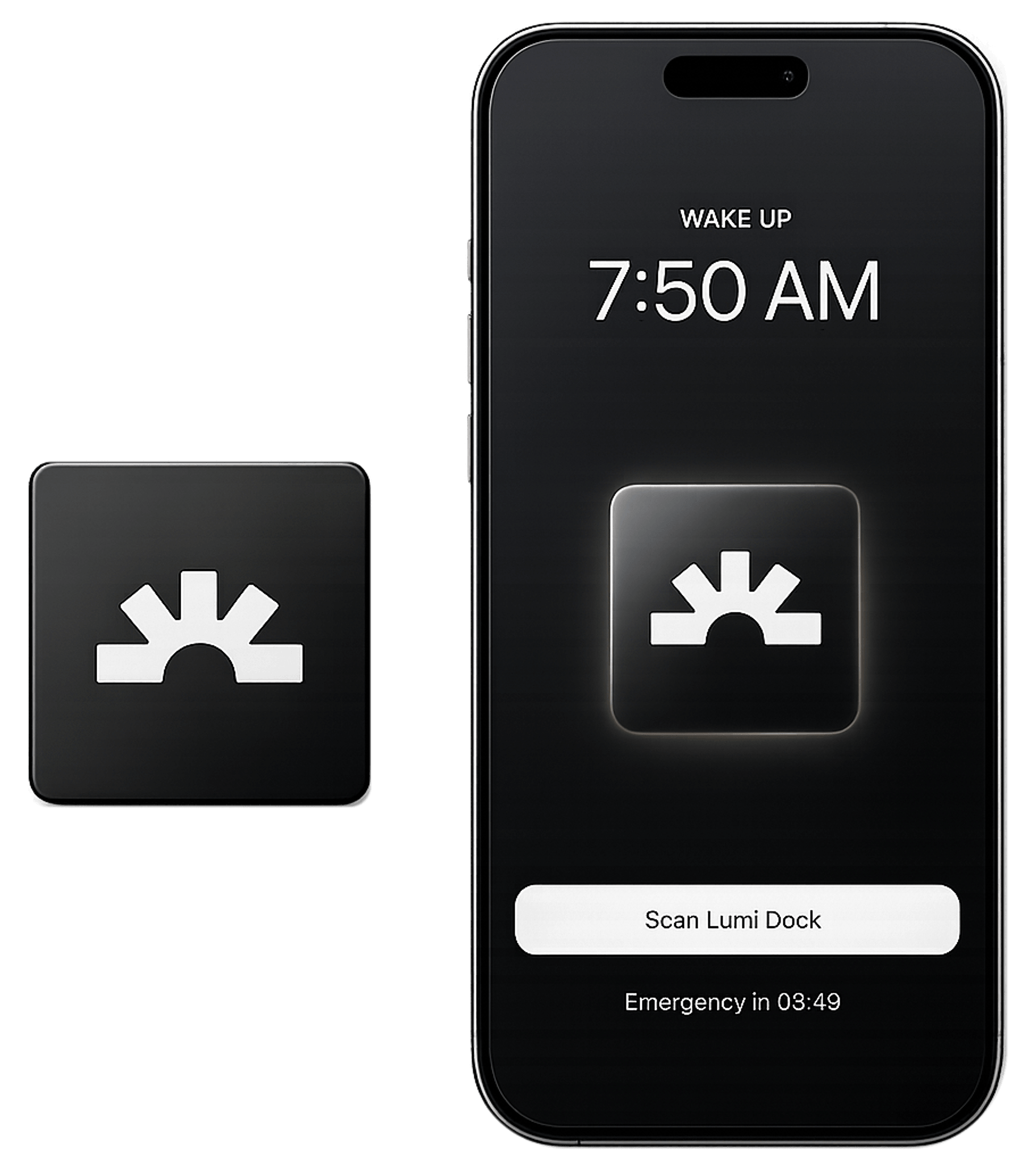 Phone alarm screen prompting a Lumi Dock scan beside a black Lumi Dock