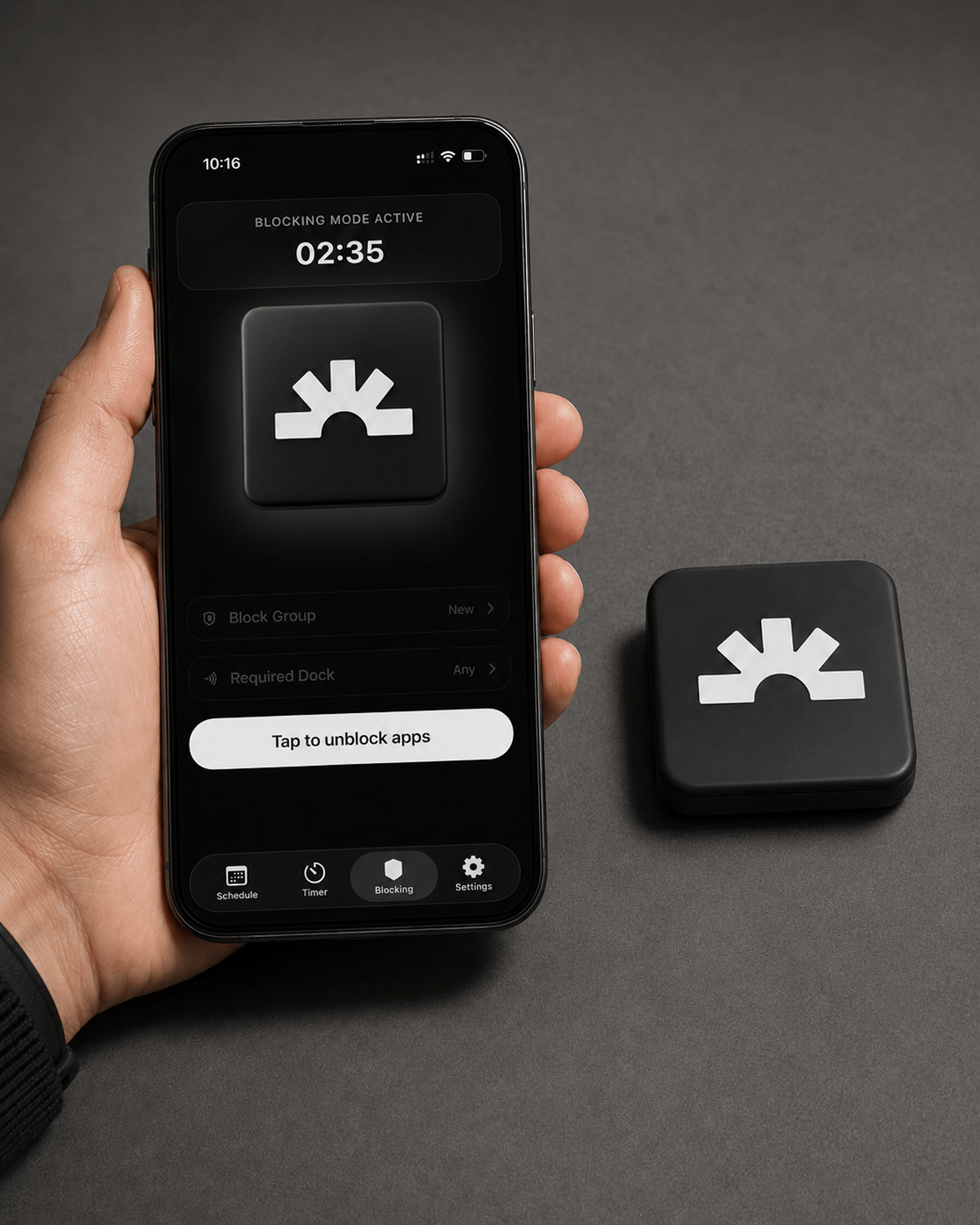 iPhone showing Lumi blocking mode beside a Lumi Dock